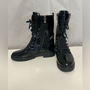Women’s black patent leather Punk combat boots‎ lace up zip up US 7- 7.5 EU 38